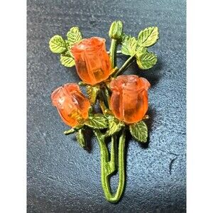 Vintage Coral Rolled Rose Resin Brooch Pin B34